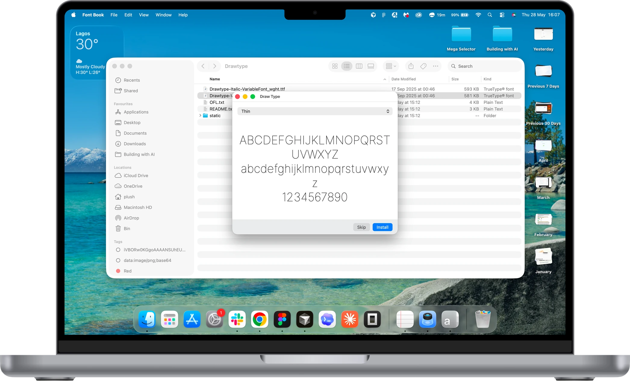 A MacBook showing the generated handwriting font installed in macOS Font Book.